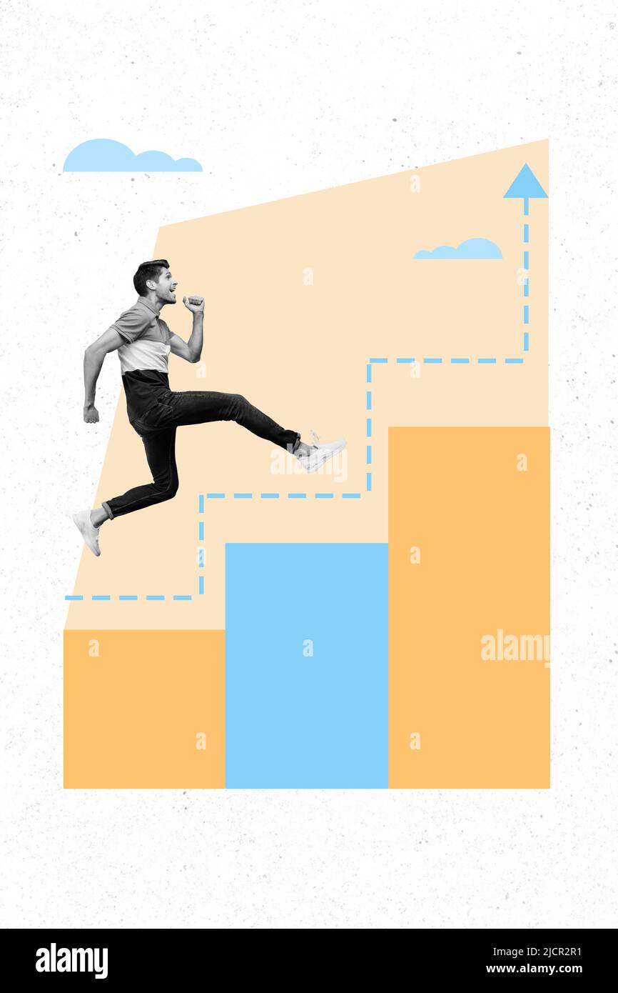 Grafica creativa astratta template immagine di un ragazzo che corre su scale isolato sfondo pastello Foto Stock