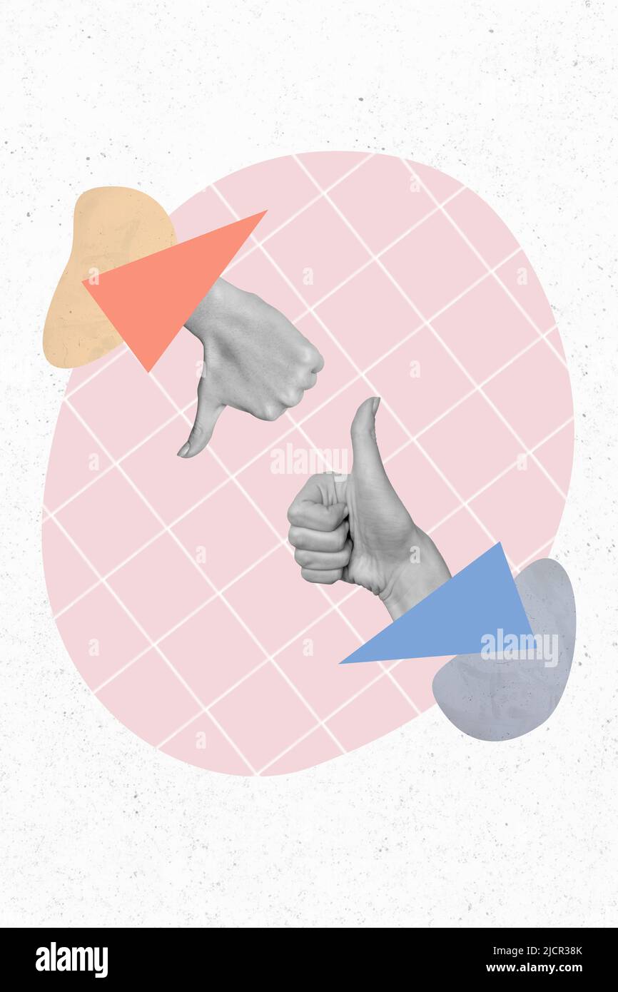 Collage foto di bianco nero effetto di colore le mani mostrano pollice su giù hanno argomento non può decidere isolato su sfondo bianco immagine Foto Stock