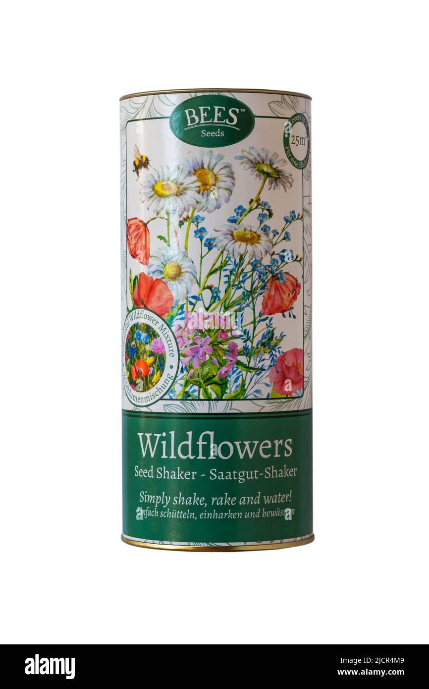 Tub of Bees Seeds Wildflowers Seed Shaker isolato su sfondo bianco - colorato misto di fiori selvatici - bilingue in inglese e tedesco Foto Stock