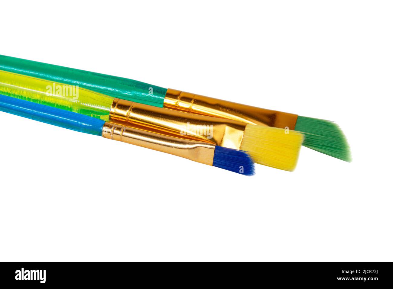 Tre spazzole multicolore per vernice isolata su sfondo bianco Foto Stock