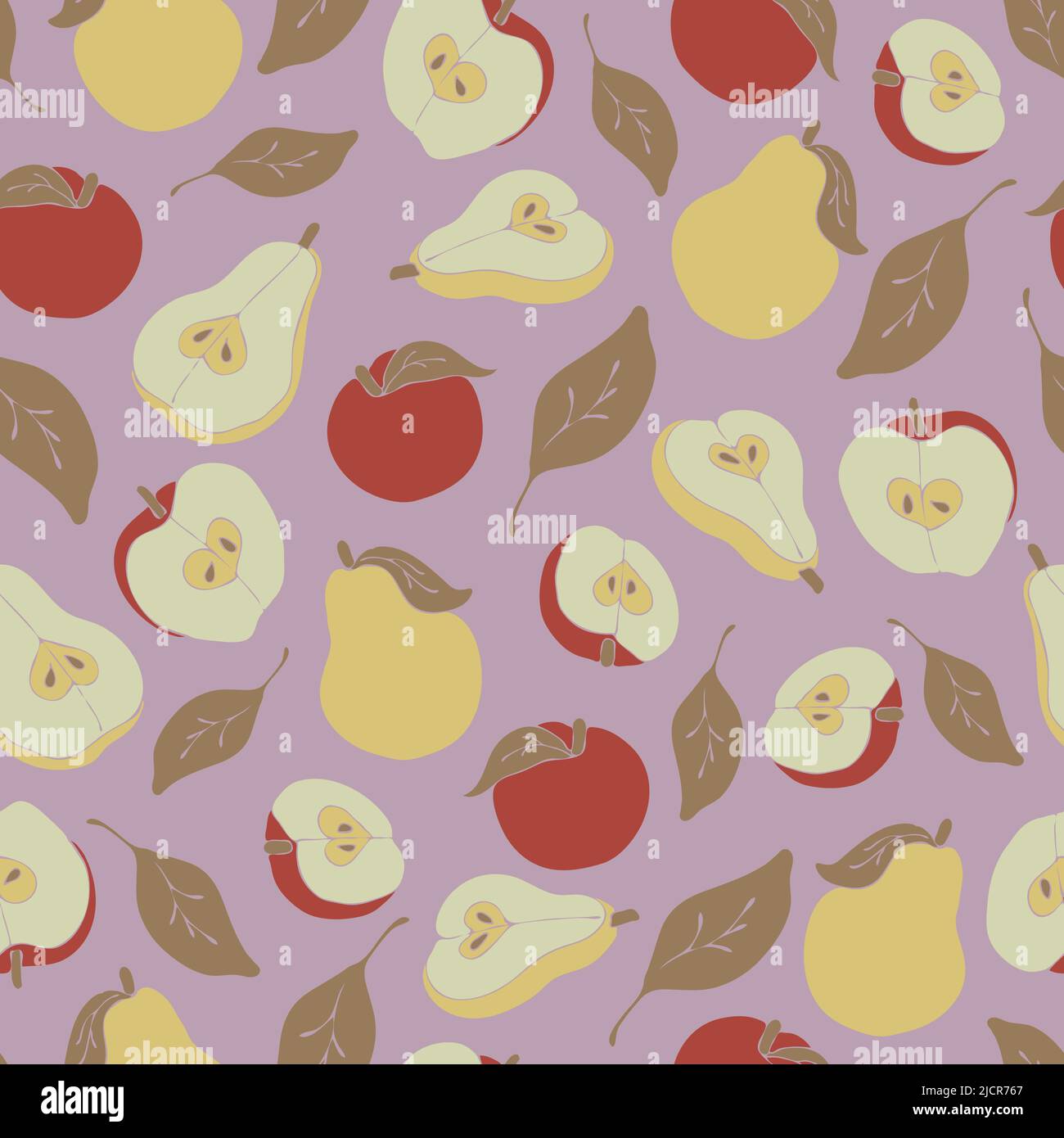Modello vettoriale senza cuciture con mele e pere su sfondo viola chiaro. Carta da parati per alimenti sani con frutta. Tessuto semplice e fresco. Illustrazione Vettoriale