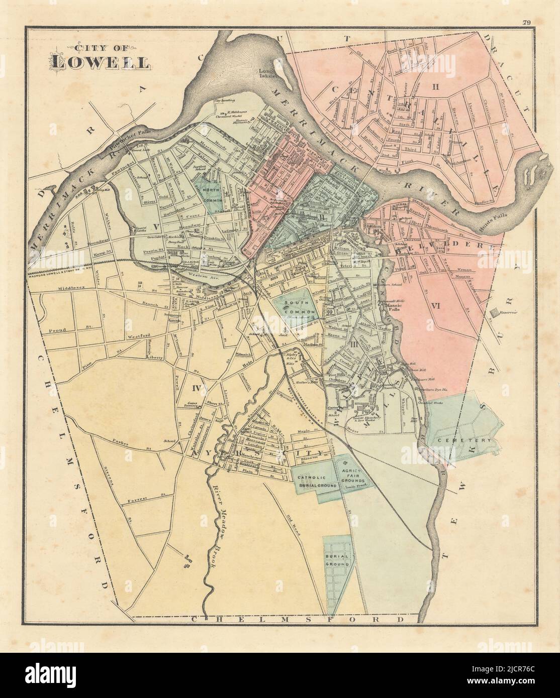 Città di Lowell, Massachusetts. Pianta della città. BAKER, WALLING e GRIGIO 1871 vecchia mappa Foto Stock
