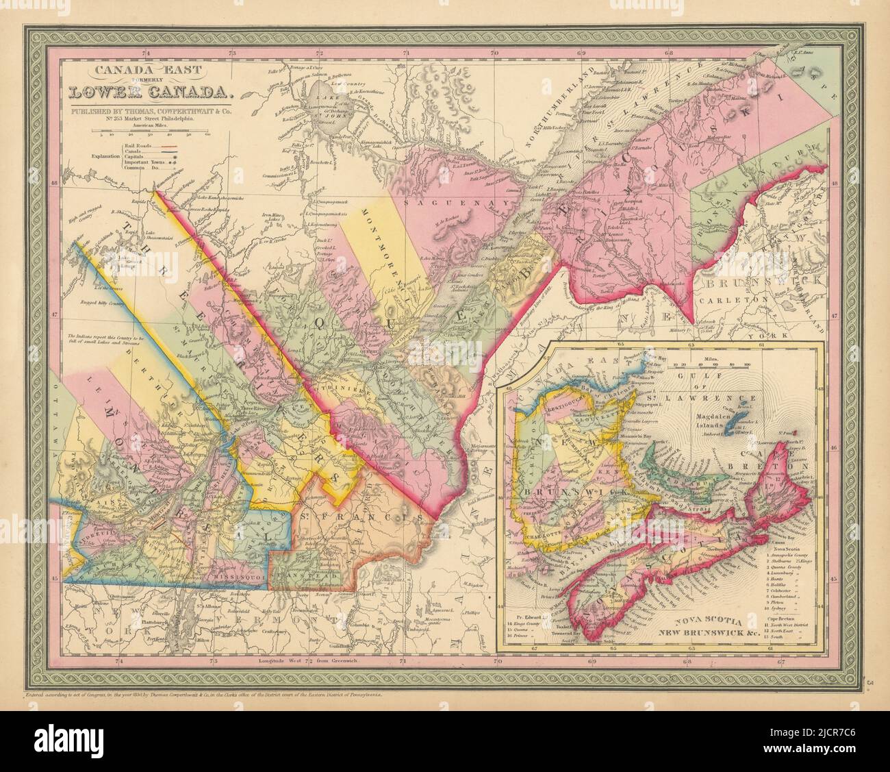 Canada Est precedentemente basso Canada. Nova Scotia e NB. COWTERTHWAIT 1852 vecchia mappa Foto Stock