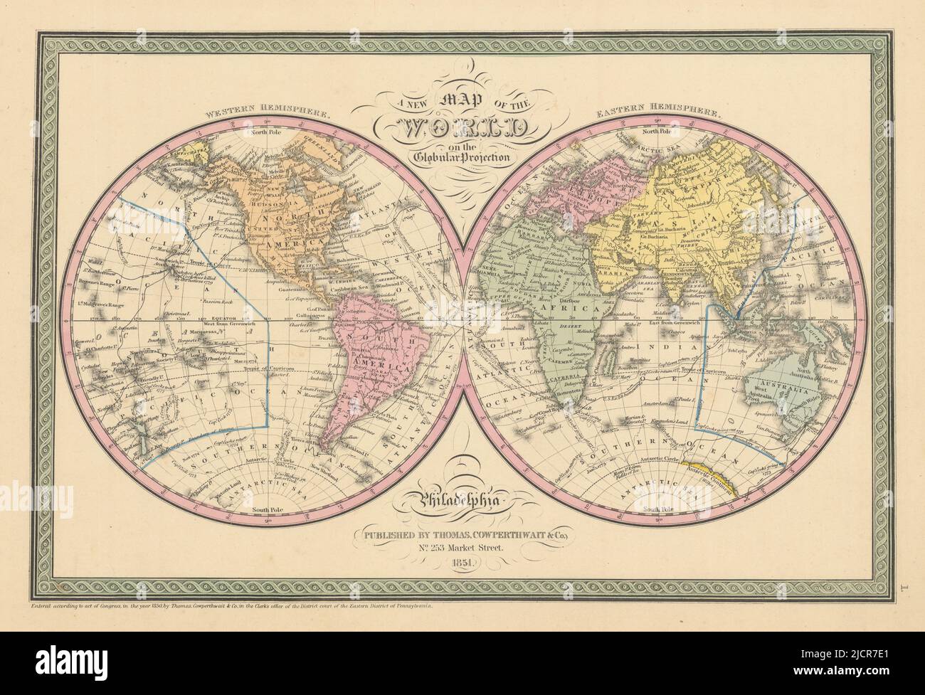 Una nuova mappa del mondo sulla proiezione globulare. COWTERTHWAIT 1852 vecchio Foto Stock