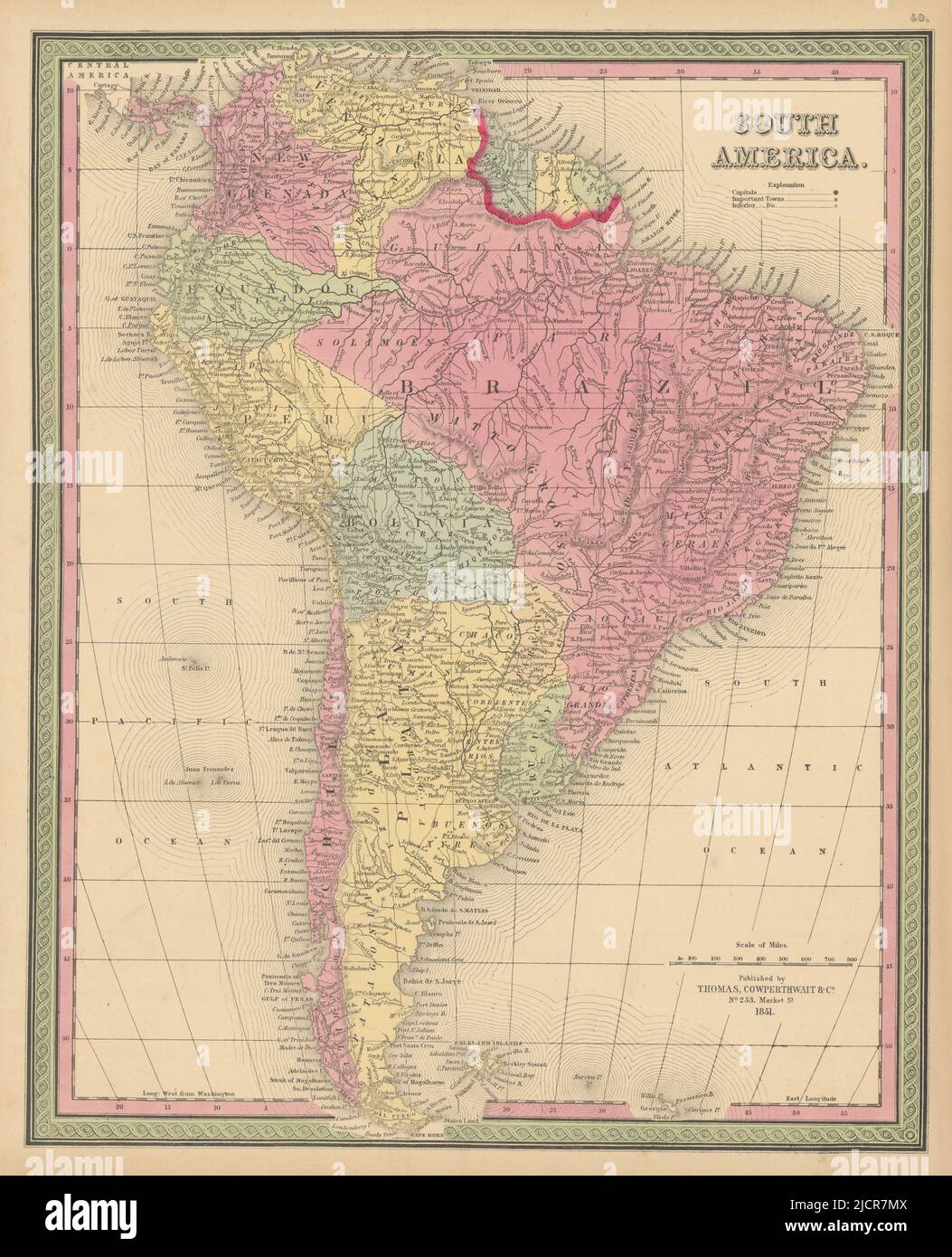 Sud America. Brasile la Plata Perù Equador Chili Uruguay. Mappa COWPERTHWAIT 1852 Foto Stock
