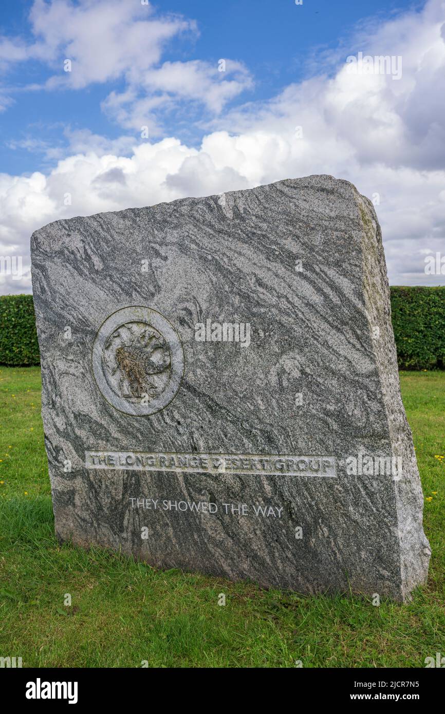 Doune, Perthshire, Scozia – Memoriale del Long Range Desert Group del WW2, presso il David Stirling Memorial Foto Stock