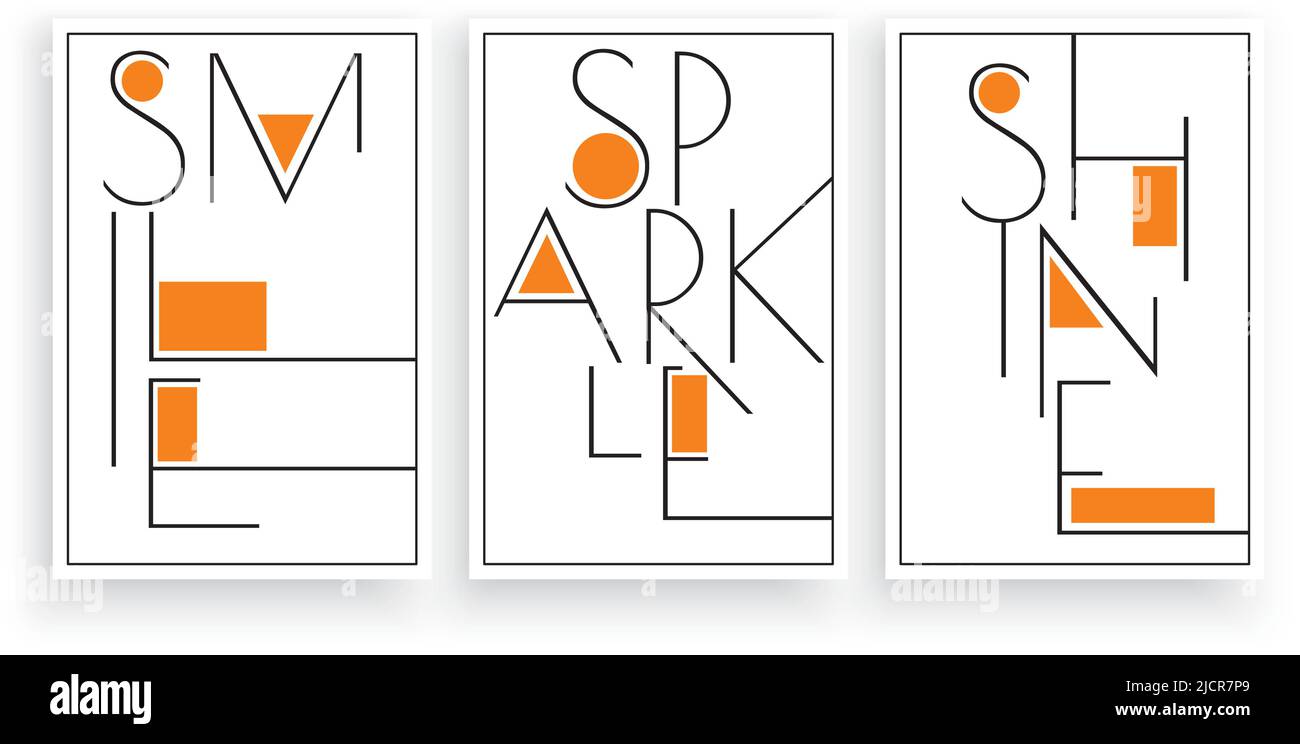 Sorridi brillare e brillare, vettore. Disegno di scrittura, lettere. Tre pezzi di design minimalista scandinavo poster. Citazione motivazionale e ispiratrice della vita Illustrazione Vettoriale