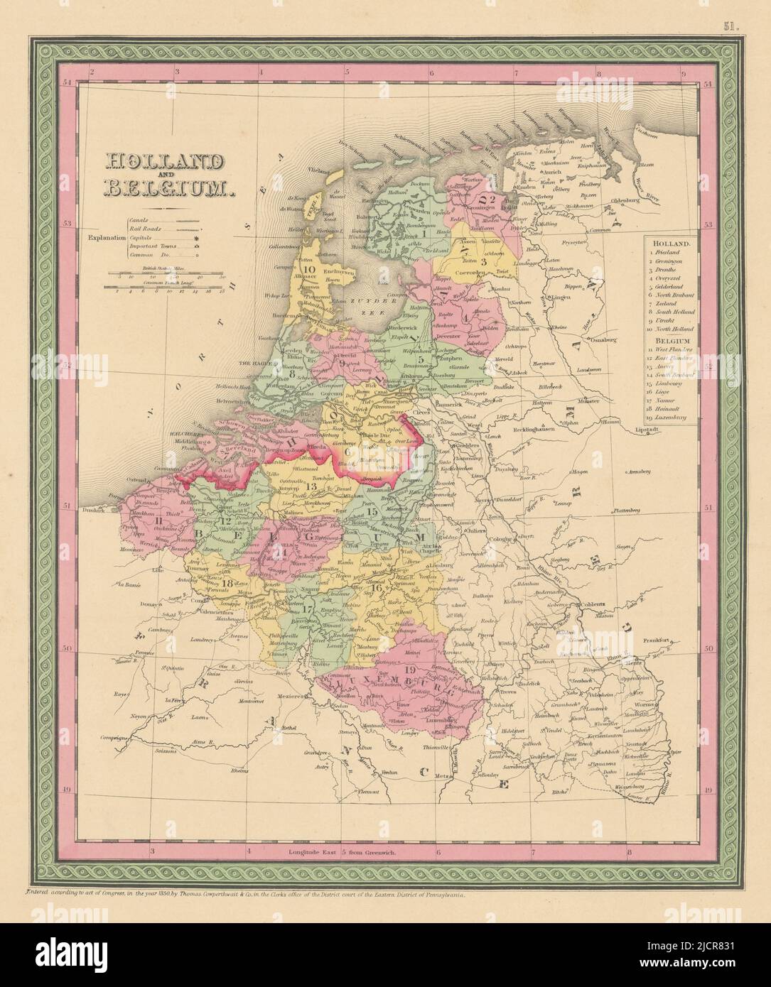 Olanda e Belgio. Paesi Bassi Lussemburgo. THOMAS, COWPERTHWAIT 1852 vecchia mappa Foto Stock