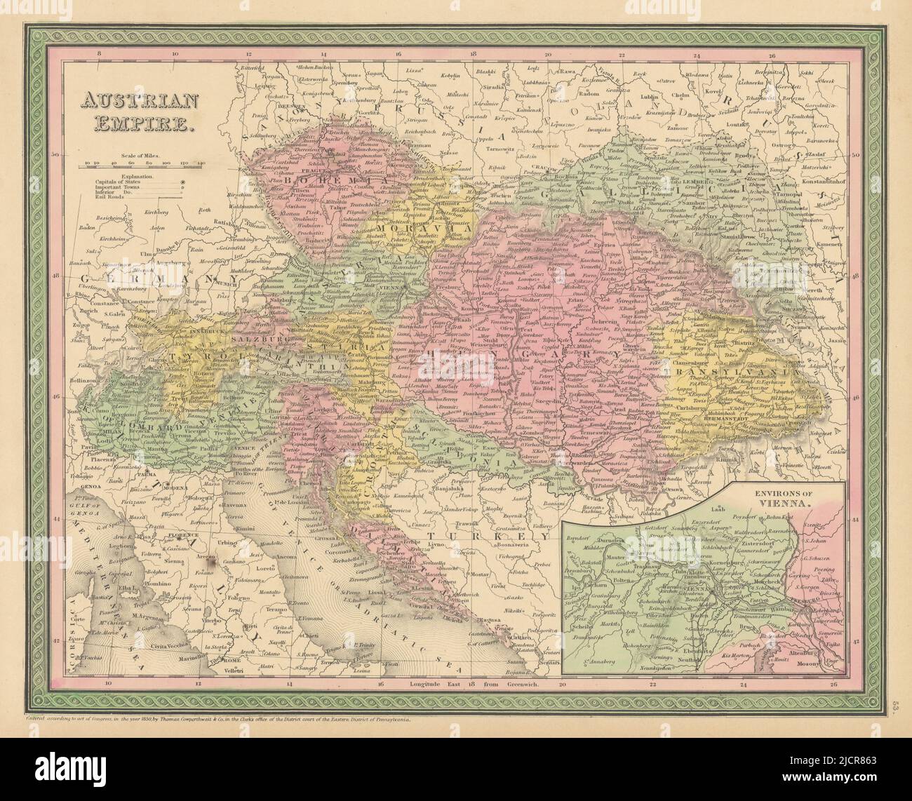 Impero austriaco. Austria Ungheria. Lombardia Gallicia. COWTERTHWAIT 1852 vecchia mappa Foto Stock