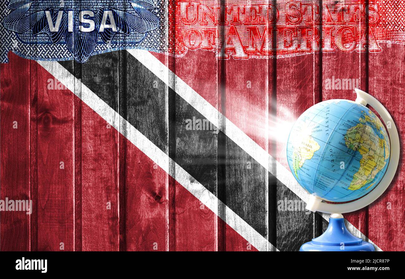 Stati Uniti d'America visto documento, bandiera di Trinidad e Tobago e globo in background. Il concetto di viaggio negli Stati Uniti e. Foto Stock