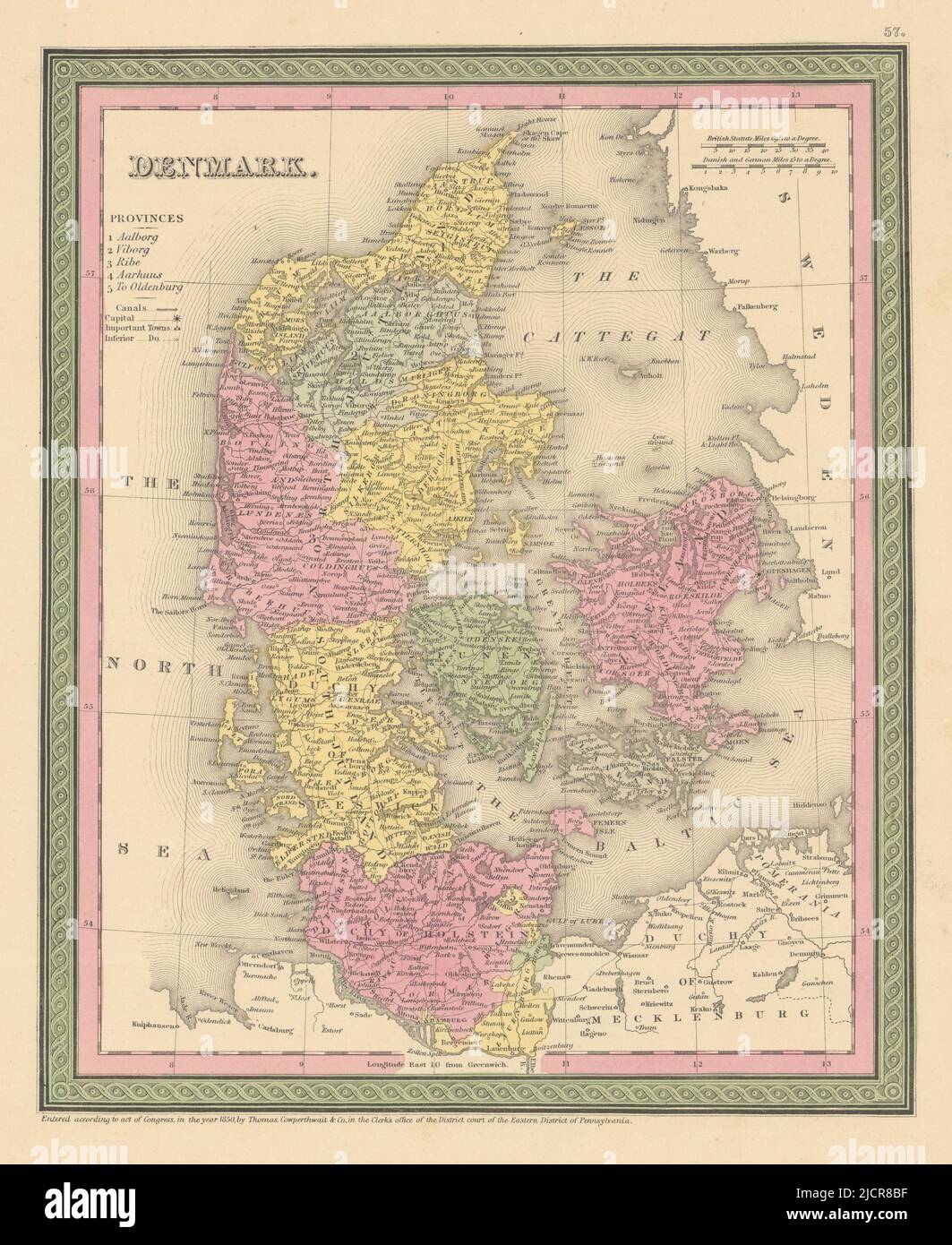 Danimarca, compreso Schleswig Holstein. THOMAS, COWPERTHWAIT 1852 vecchia mappa Foto Stock