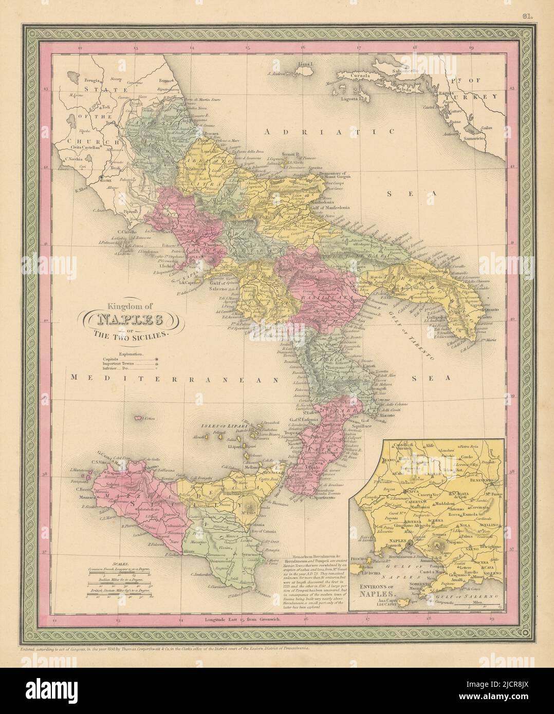 Regno di Napoli o delle due Sicilie. Italia meridionale. Mappa COWPERTHWAIT 1852 Foto Stock