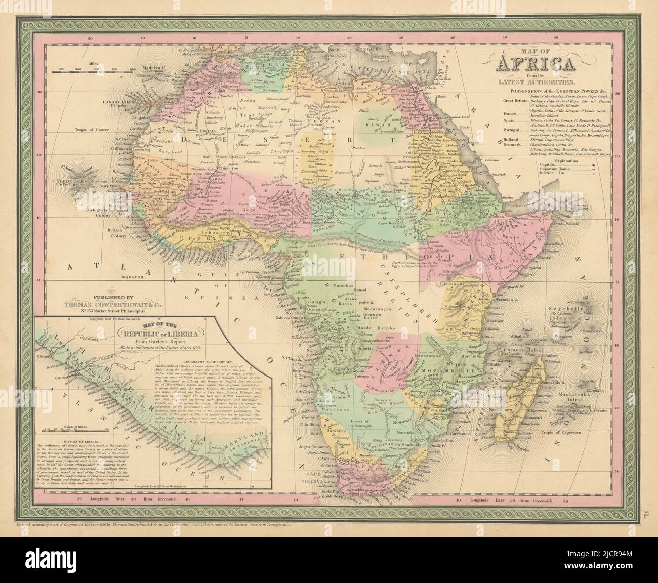 Africa. Repubblica di Liberia. Regione inesplorata. THOMAS, mappa COWPERTHWAIT 1852 Foto Stock