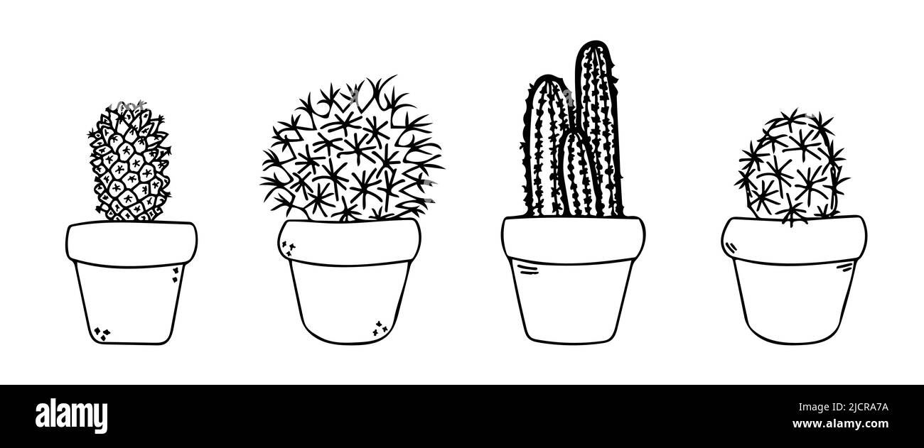 Cactus impostato in icone vettoriali POT. Carino nero succulente illustrazione del profilo. Cactus casa messicana in flowerpot linea art. Illustrazione Vettoriale