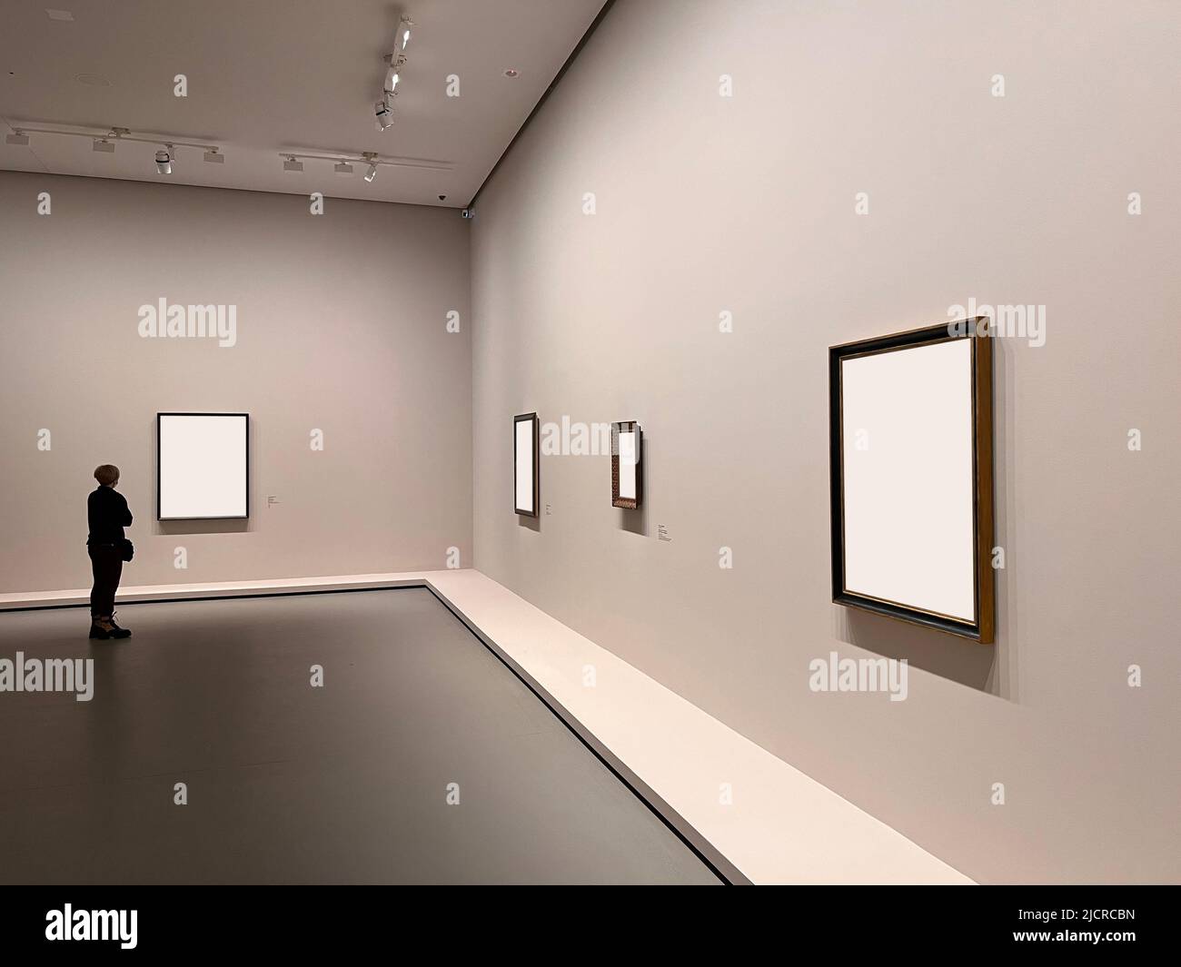 Una gente che guarda le cornici vuote sulla parete di un museo Foto Stock