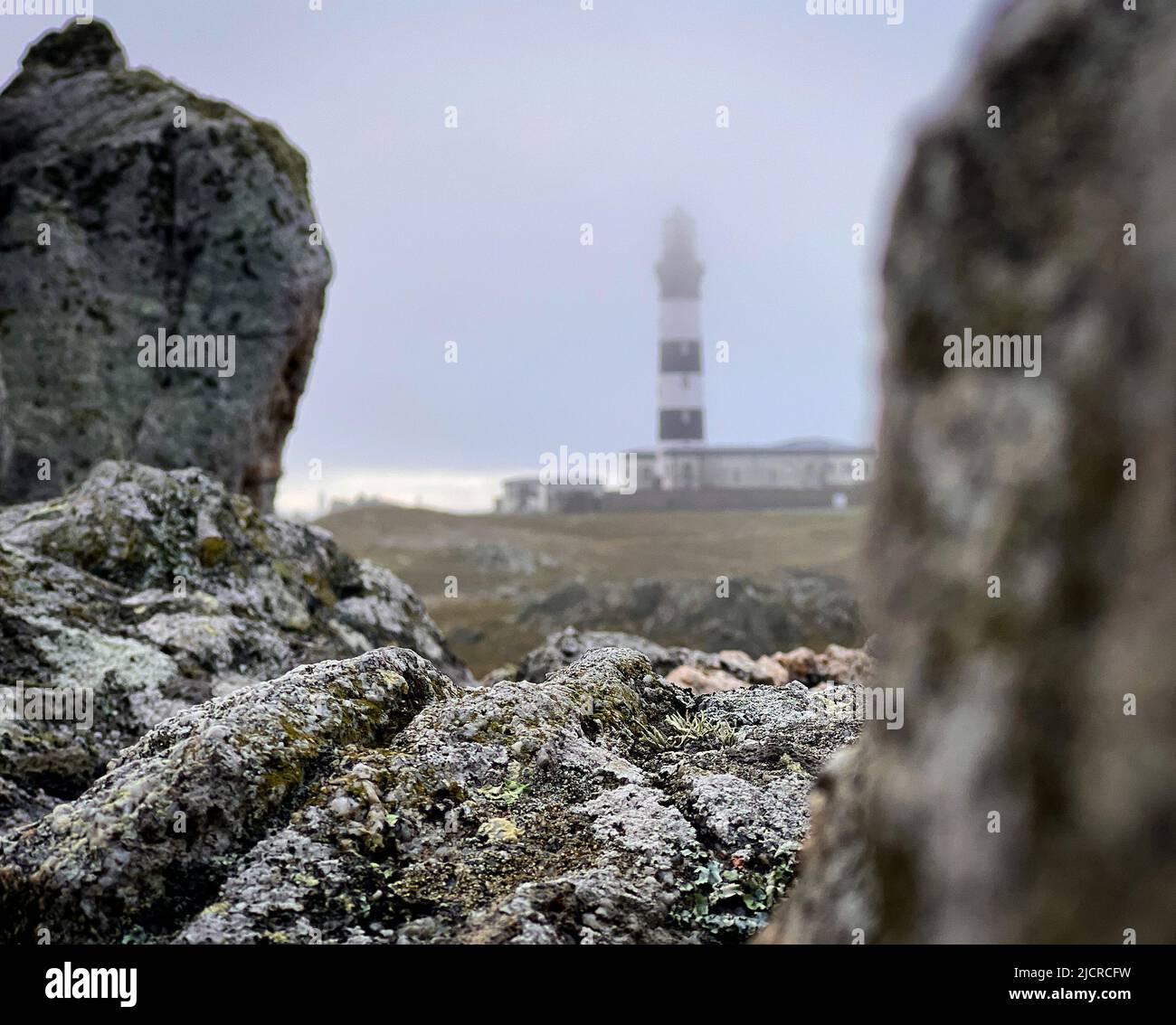 Paesaggio di campagna di Ushan con faro di Creach sullo sfondo, Bretagna, Francia Foto Stock