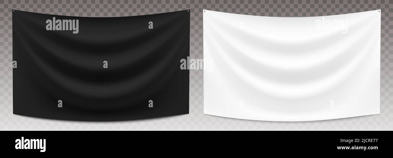 Striscioni in tessuto bianco e nero, isolati su sfondo trasparente. Sfondo tessile realistico vettore mockup. Illustrazione Vettoriale