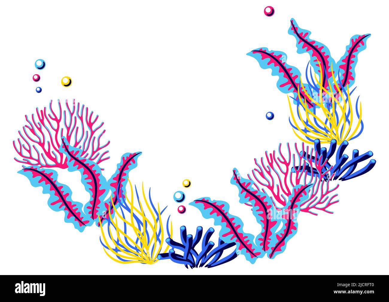 Sfondo con alghe marine e coralli. Acquario marino e flora marina. Immagine stilizzata con colori brillanti. Illustrazione Vettoriale