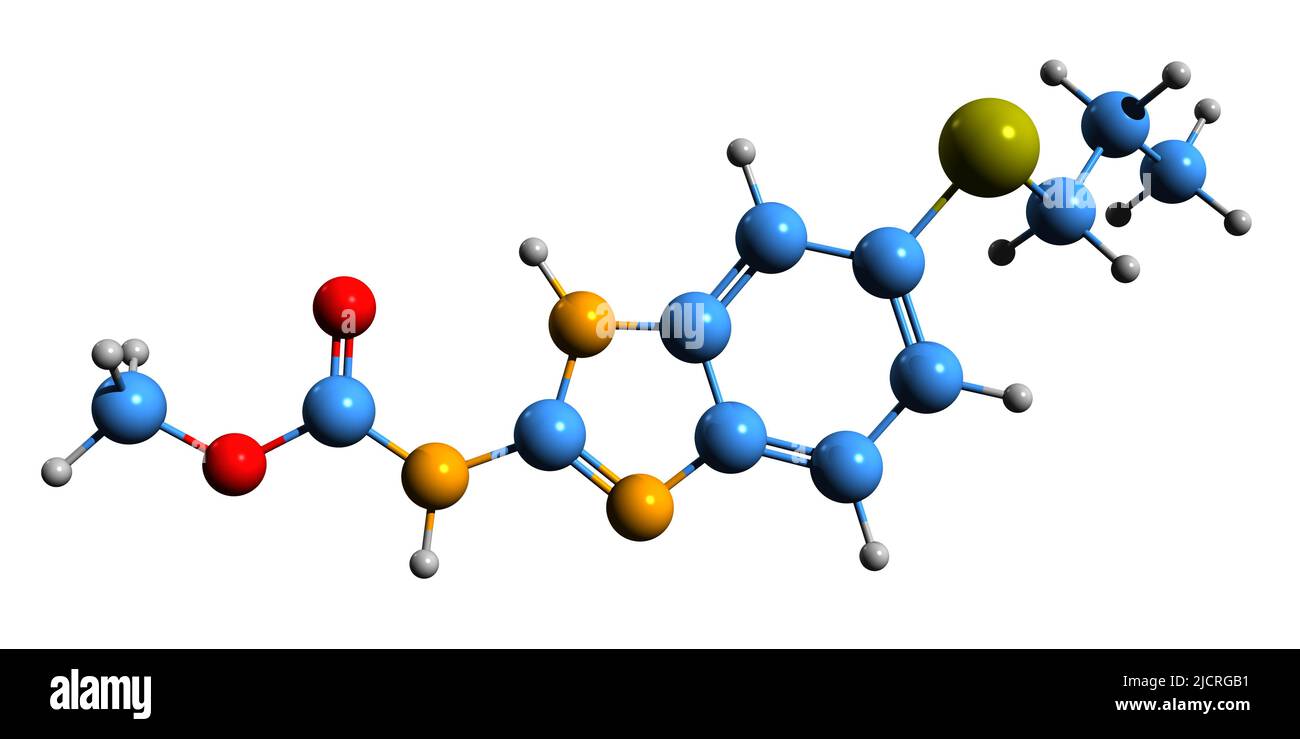 3D immagine della formula scheletrica di Albendazole - struttura chimica molecolare di albendazolum isolato su sfondo bianco Foto Stock