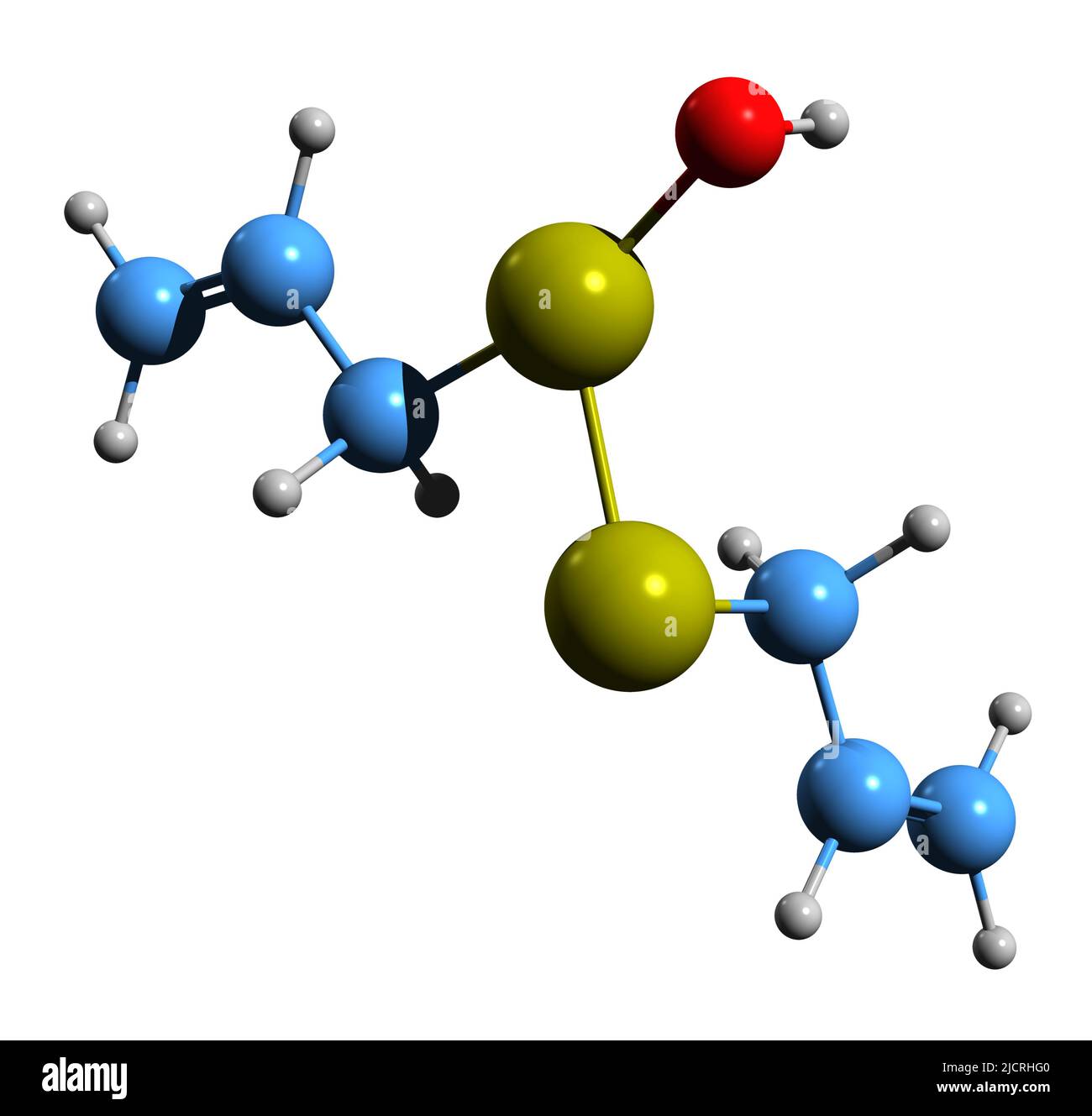 3D immagine di Allicina formula scheletrica - struttura chimica molecolare di composto di aglio organosolfur isolato su sfondo bianco Foto Stock
