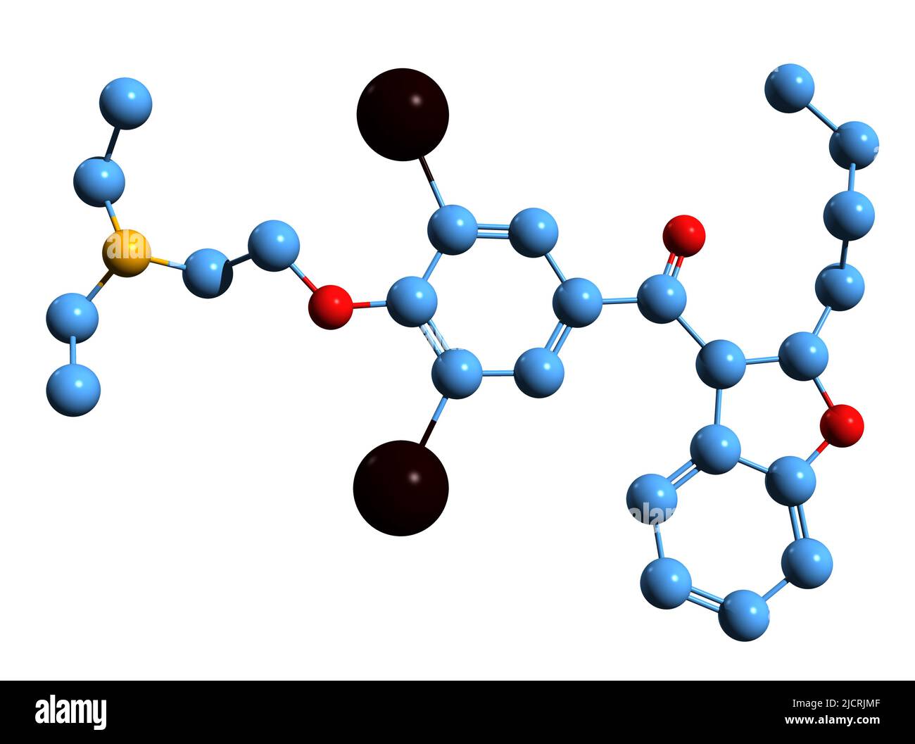 3D immagine della formula scheletrica di Amiodarone - struttura chimica molecolare del farmaco antiaritmico isolato su sfondo bianco Foto Stock
