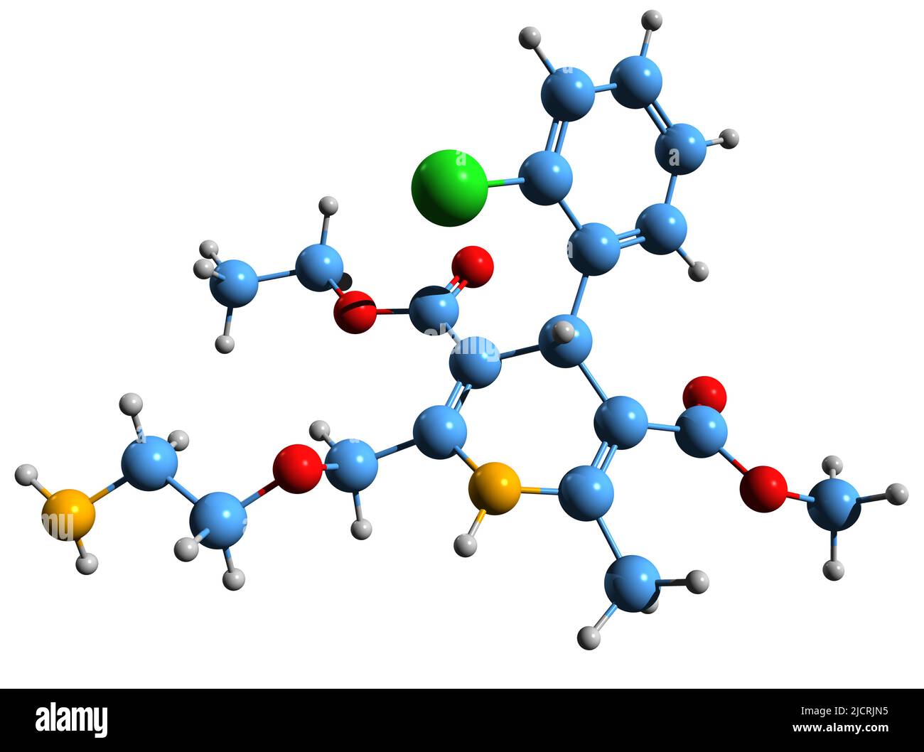 3D immagine della formula scheletrica di Amlodipina - struttura chimica molecolare del calcio-antagonista isolato su sfondo bianco Foto Stock