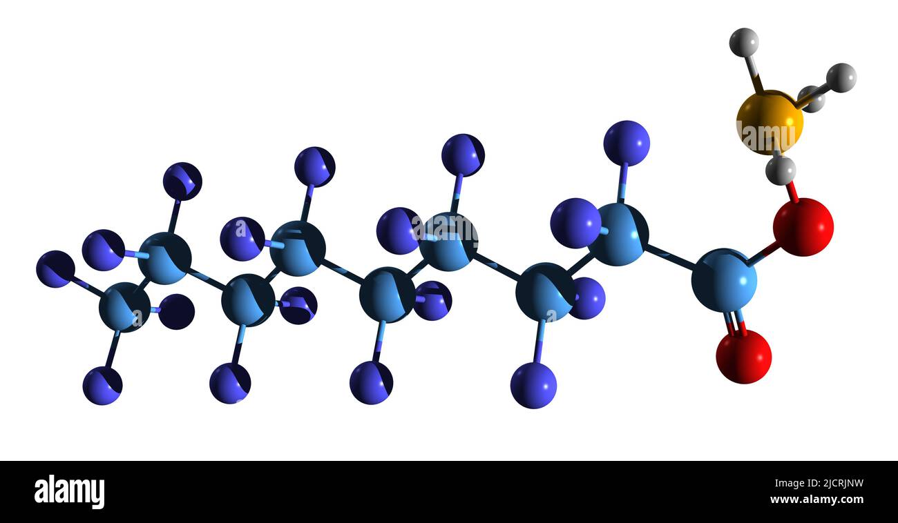 3D immagine del perfluorononanoato di ammonio formula scheletrica - struttura chimica molecolare del tensioattivo anionico APFN isolato su sfondo bianco Foto Stock