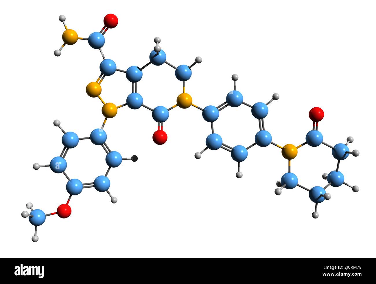3D immagine della formula scheletrica di Apixaban - struttura chimica molecolare del farmaco anticoagulante isolato su sfondo bianco Foto Stock