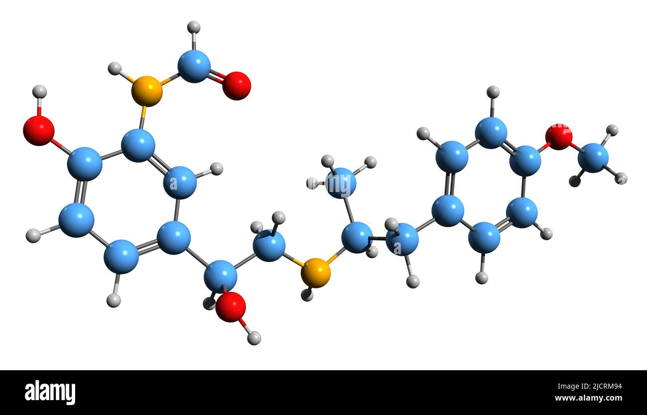 3D immagine della formula scheletrica di Arformoterolo - struttura chimica molecolare del farmaco della BPCO isolato su sfondo bianco Foto Stock