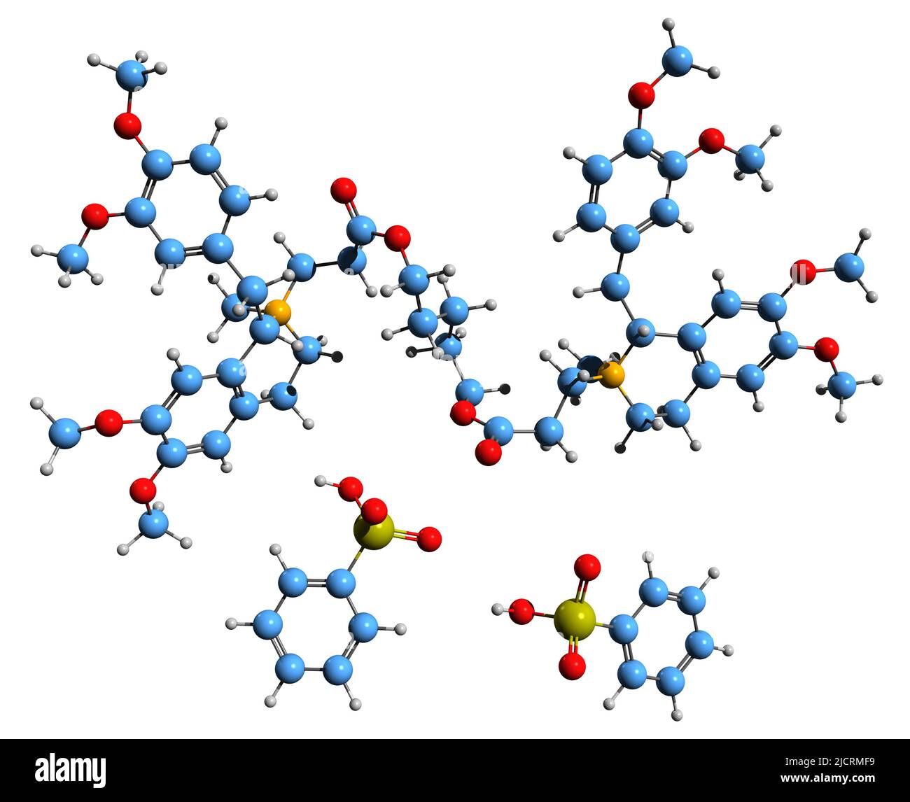 3D immagine di atracurio besilato formula scheletrica - struttura chimica molecolare di rilassante muscolare isolato su sfondo bianco Foto Stock