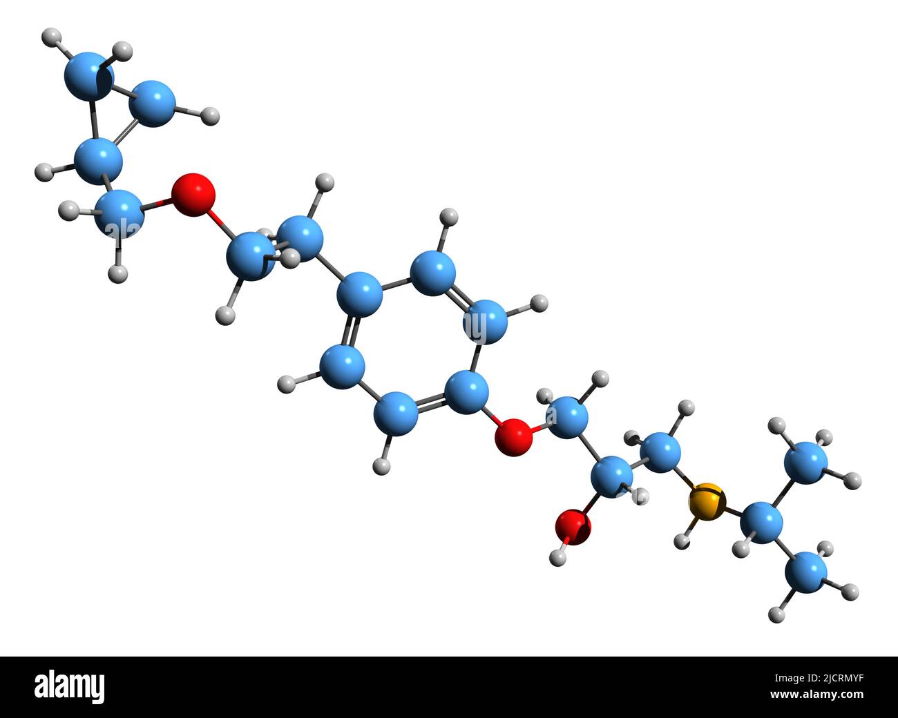 3D immagine della formula scheletrica di Betaxolol - struttura chimica molecolare del bloccatore del recettore beta 1 isolato su sfondo bianco Foto Stock