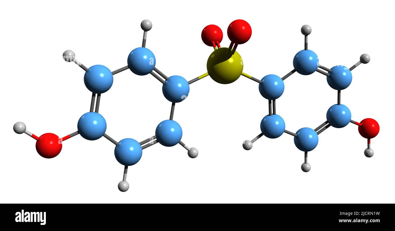 3D immagine del bisfenolo S formula scheletrica - struttura chimica molecolare del BPS isolato su sfondo bianco Foto Stock