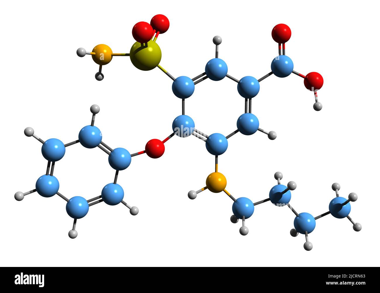 3D immagine della formula scheletrica bumetanide - struttura chimica molecolare del farmaco rigonfiante isolato su sfondo bianco Foto Stock