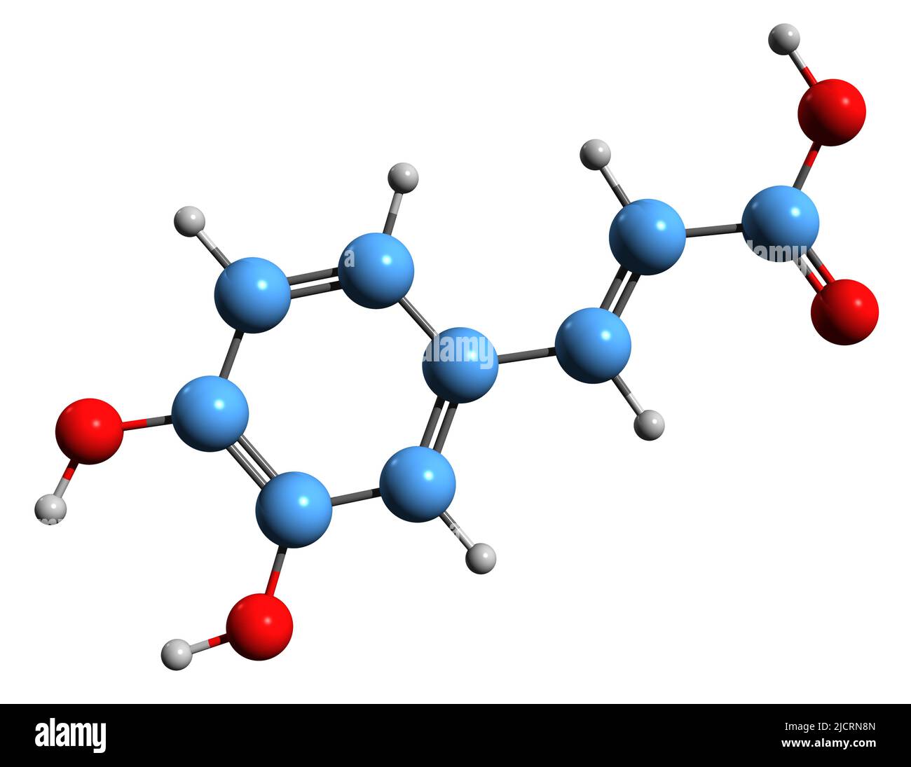 3D immagine dell'acido caffeico formula scheletrica - struttura chimica molecolare dell'acido idrossicinnamico isolato su sfondo bianco Foto Stock