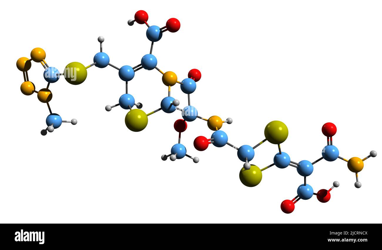 3D immagine della formula scheletrica di Cefotetan - struttura chimica molecolare di antibiotico iniettabile isolato su sfondo bianco Foto Stock