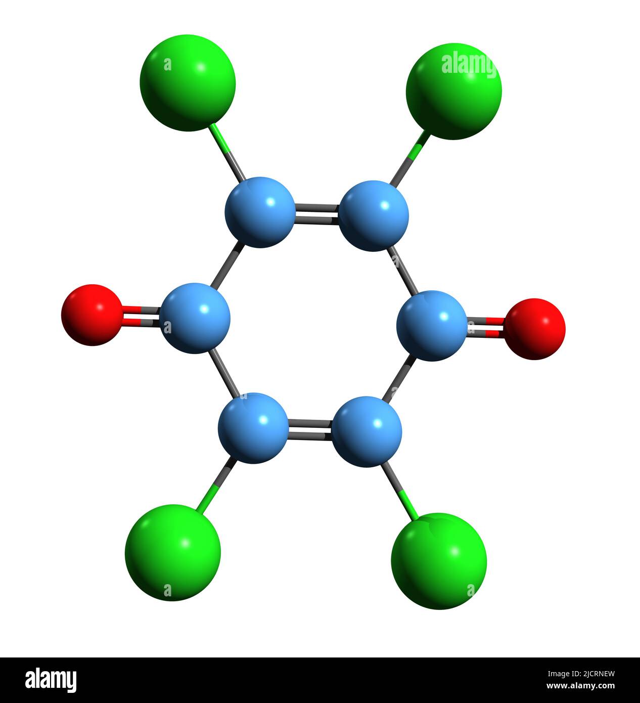 3D immagine della formula scheletrica del cloranil - struttura chimica molecolare del chinone isolato su sfondo bianco Foto Stock