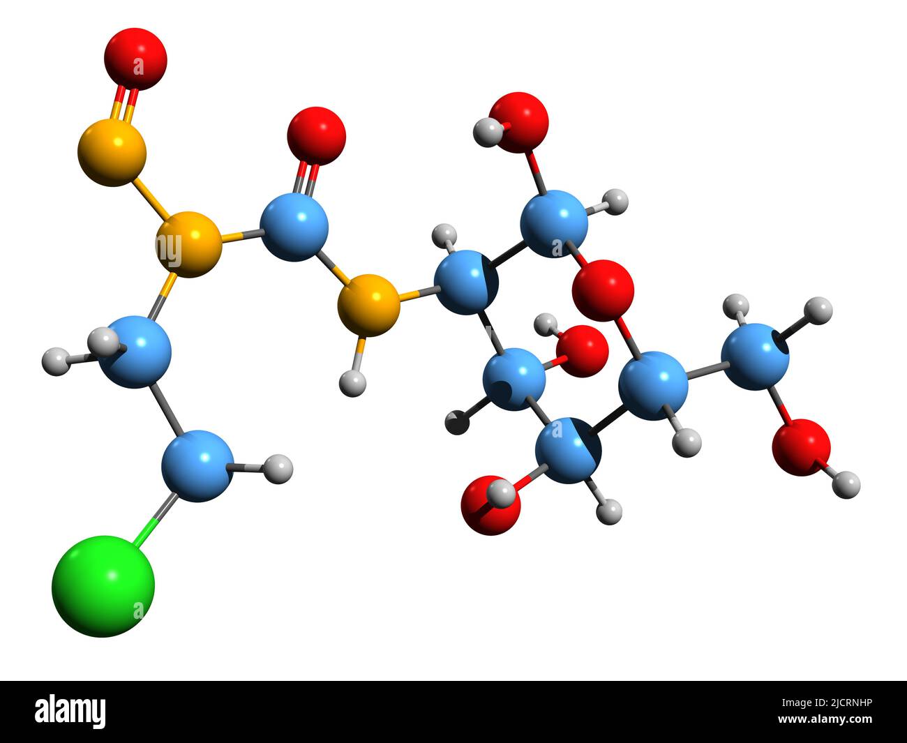 3D immagine della formula scheletrica della clorozotocina - struttura chimica molecolare della nitrosourea isolata su sfondo bianco Foto Stock