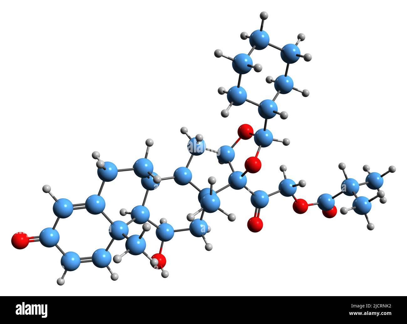 3D immagine della formula scheletrica del ciclesonide - struttura chimica molecolare del glucocorticoide isolato su sfondo bianco Foto Stock