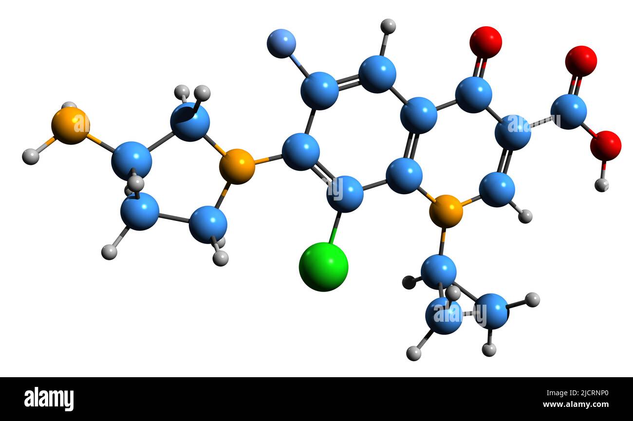 3D immagine della formula scheletrica della Clinafloxacina - struttura chimica molecolare dell'antibiotico fluorochinolonico isolato su sfondo bianco Foto Stock