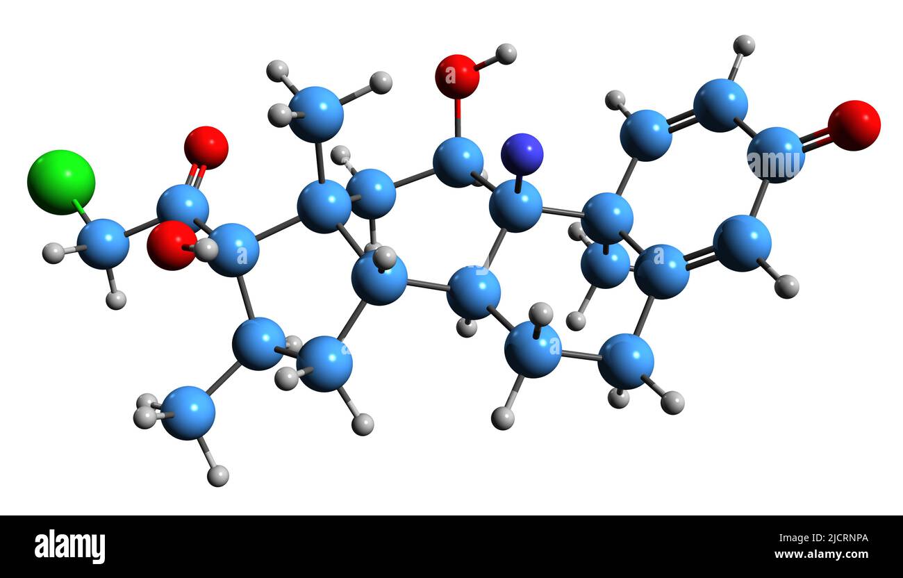 3D immagine di Clobetasol formula scheletrica - struttura chimica molecolare di corticosteroide isolato su sfondo bianco Foto Stock