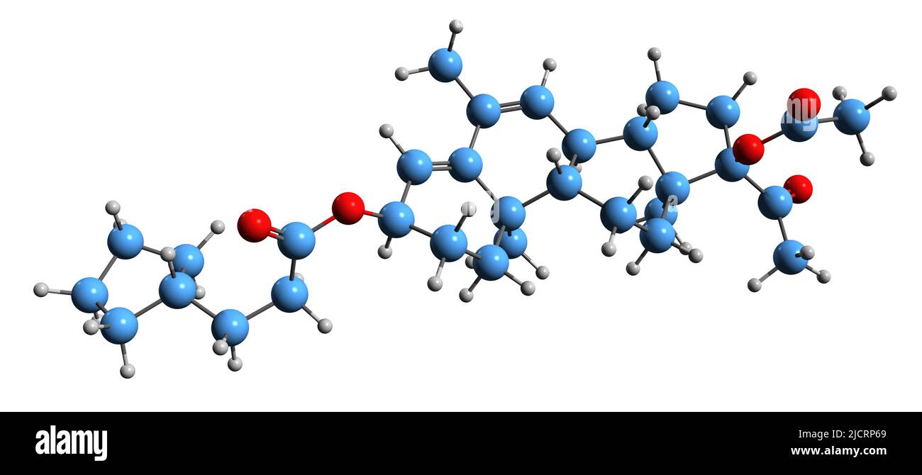 3D immagine della formula scheletrica del Cimegesolato - struttura chimica molecolare del farmaco della progestina isolato su sfondo bianco Foto Stock