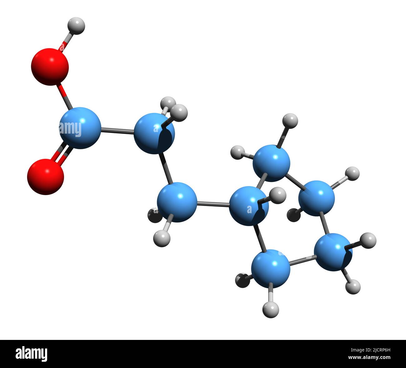 3D immagine della formula scheletrica dell'acido ciclopionico - struttura chimica molecolare dell'acido ciclopentilpropionico isolato su sfondo bianco Foto Stock
