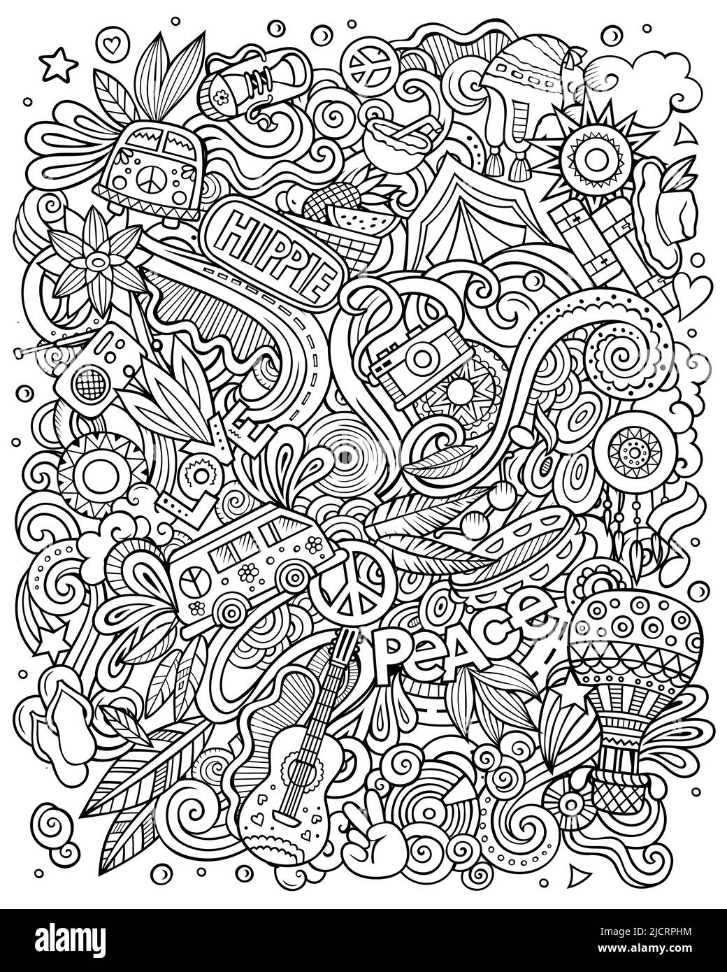 Hippie disegno a mano di immagini di doodles raster. Design di poster Hippy. Foto Stock