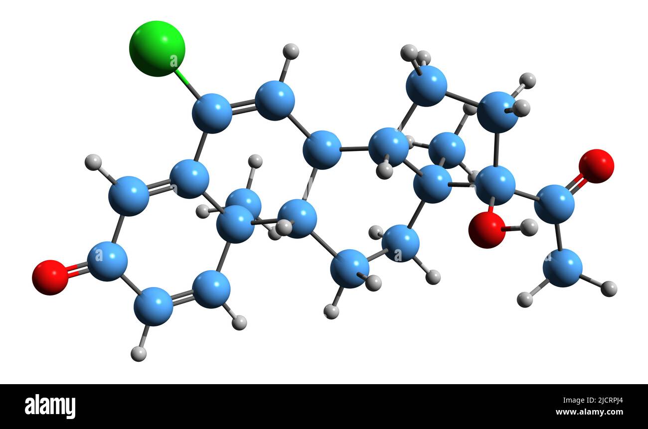 3D immagine della formula scheletrica di Delmadinone - struttura chimica molecolare della progestina steroidea isolata su sfondo bianco Foto Stock