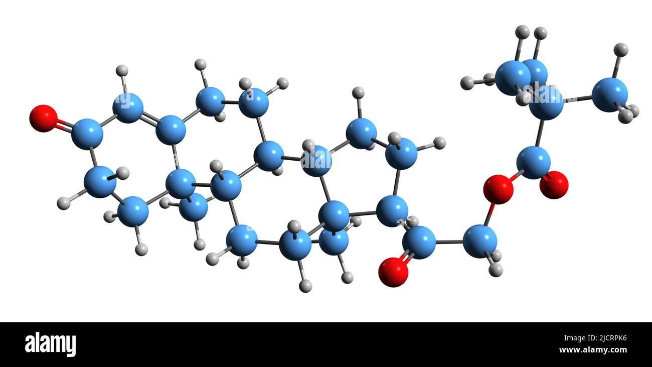 3D immagine di desossicorticosterone pivalato formula scheletrica - struttura chimica molecolare del farmaco mineralocorticoide isolato su backgroun bianco Foto Stock