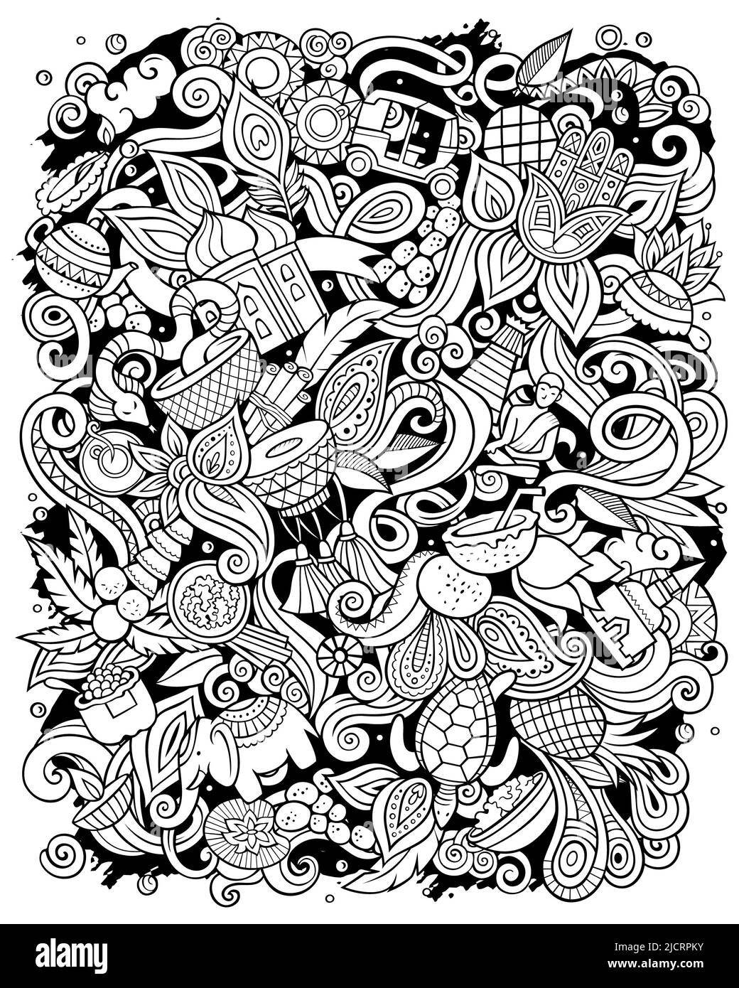 India disegno a mano raster doodles illustrazione. Poster design indiano. Foto Stock