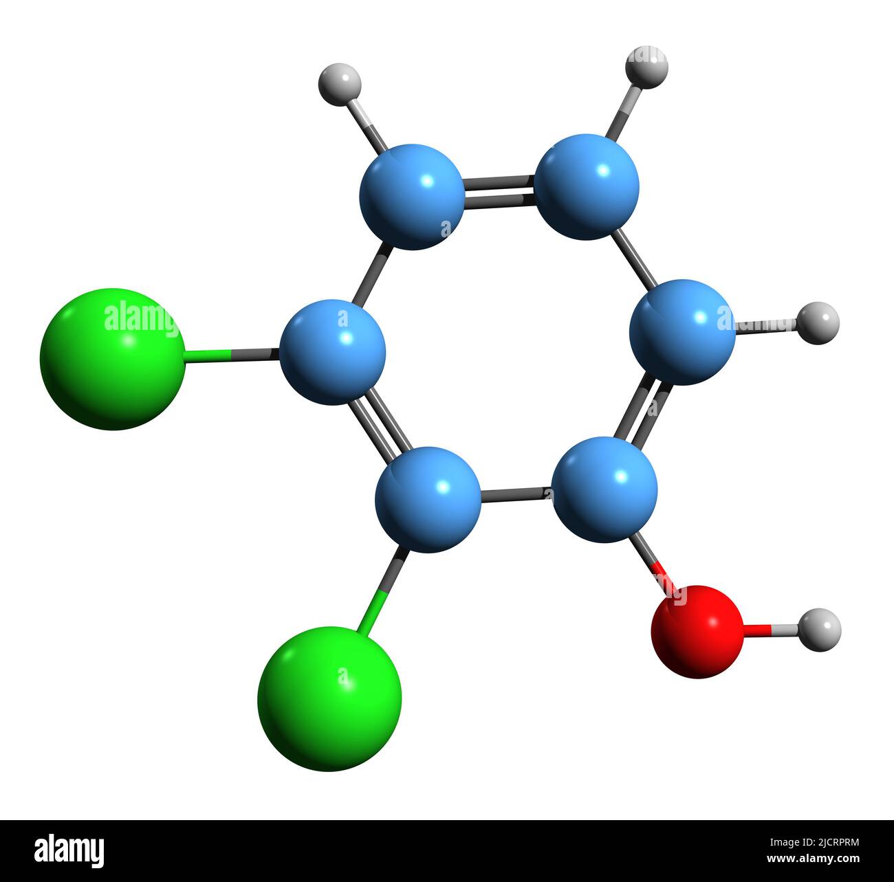3D immagine della formula scheletrica del diclorofenolo - struttura chimica molecolare del DCP isolato su sfondo bianco Foto Stock