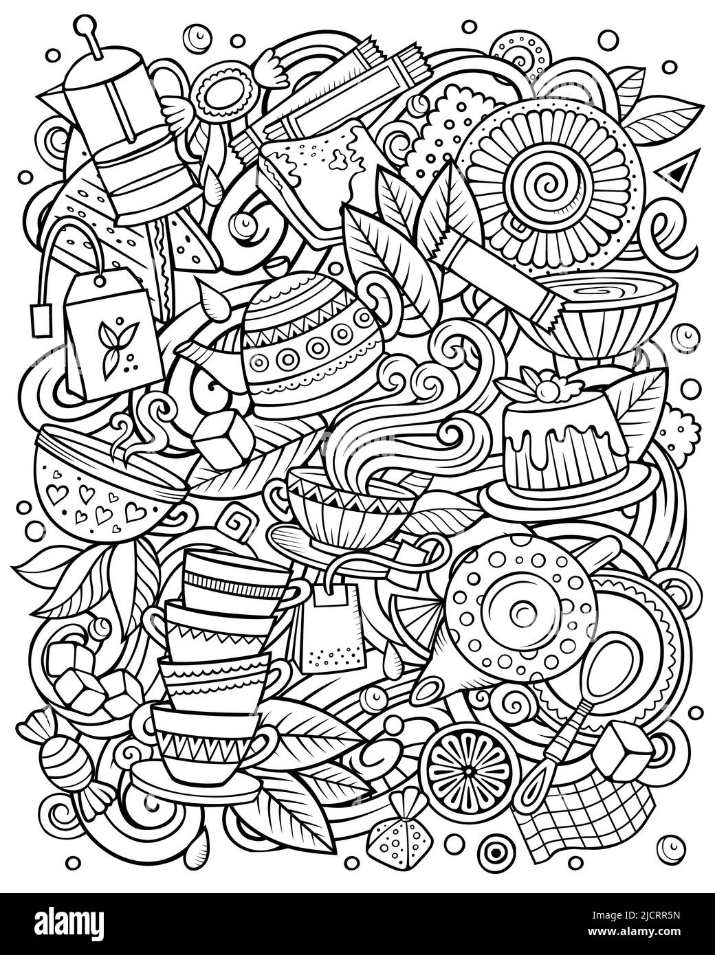 Cartoon raster Doodles illustrazione del tè. Cafe immagine divertente Foto Stock