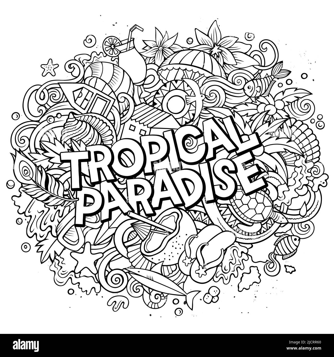 Paradiso tropicale disegnata a mano fumetto doodles illustrazione. Design stagionale divertente Foto Stock