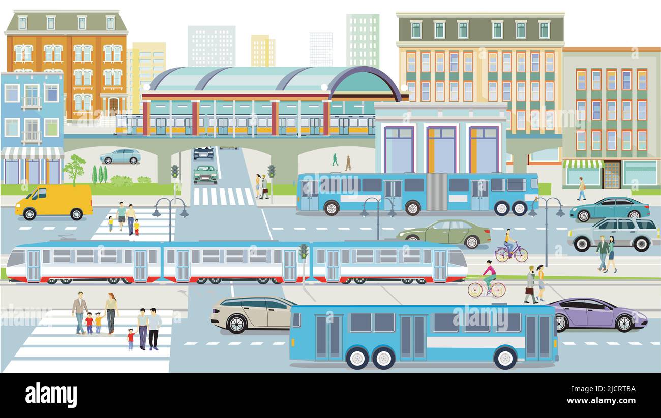 Traffico stradale con autobus e treno sopraelevato Illustrazione Vettoriale
